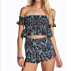BooHoo Aztec Off The Shoulder Short Co Ord Set